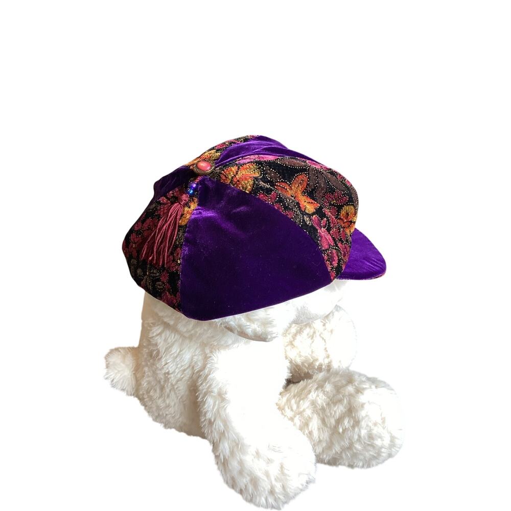 VTGVelvet Brocade Newsboy Purple Floral Patchwork Baker Boy Hat Boho Cottagecore - Picture 4 of 7